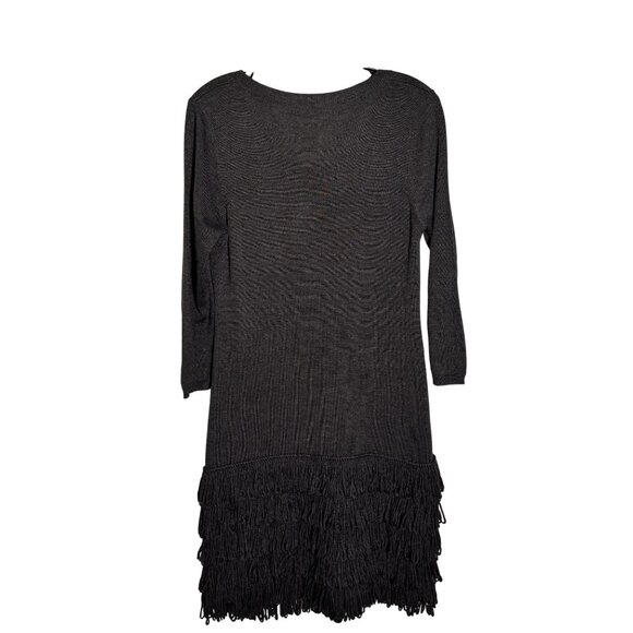 Calvin Klein Charcoal Gray Long Sleeve Dress With Fringe Hem Detail - Picture 3 of 8